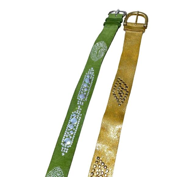 Betsy Johnson set of 2 gold green rhinestone bling lip prints studded leather SM - Picture 1 of 9